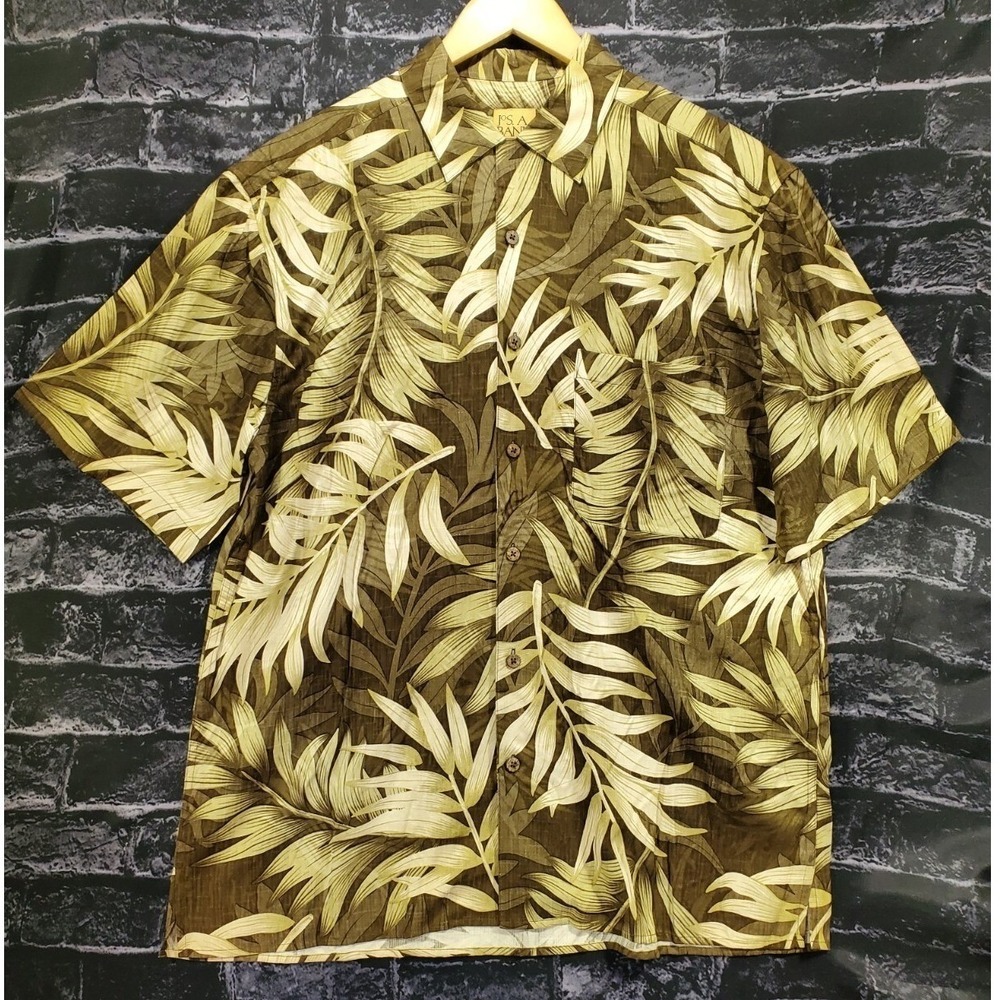 Jos A Bank Hawaiian Shirt Mens Medium Brown‎ Silk Leaf Print Short Sleeve Camp